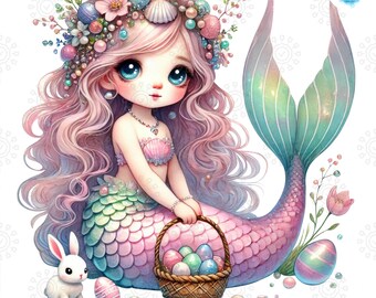 Watercolor Easter Mermaid Clipart, Easter Eggs PNG, Fairytale Fantasy Clipart, Sweet Mermaid, Spring, Holiday Sublimation, Commercial Use