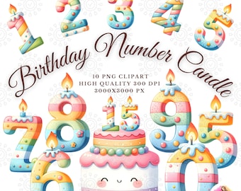 Kleurrijke verjaardag nummer kaars clipart, verjaardagsfeestje, getallen 0 tot 9, schattige aquarel verjaardag nummer kaars, sublimatie commercieel gebruik
