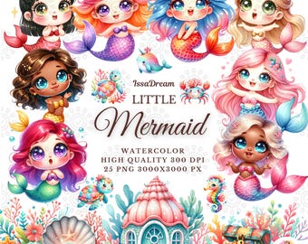 Cute Little Mermaid Clipart Bundle with Colorful Underwater Princess and Ocean Element, Digital Download, Sublimation Design, Commercial Use