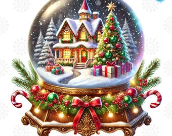 Christmas Snow Globe Clipart PNG with Cozy House, Festive Tree and Gifts, Holiday Winter, Commercial Use