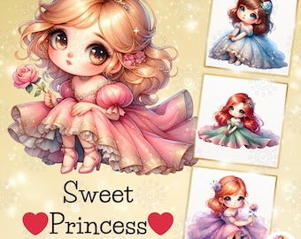 Watercolor Princess in Sparkling Dress Clipart, Cute Little Princess, Sweet Princess, Fantasy Clipart, Princess Sublimation, Commercial Use