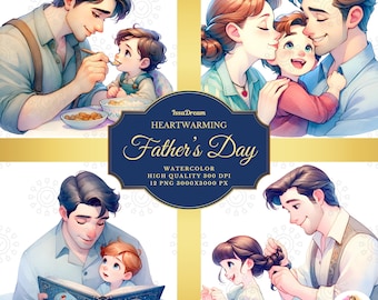 Watercolor Father's Day Clipart, Dad with Kids Clipart, Gift for Dad Clipart, Heartwarming Clipart, Parent Clipart, Family, Commercial Use