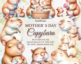 Watercolor Mother's Day Capybara Clipart, Mom with Kids Clipart, Gift for Mom Clipart, Animals Clipart, Capybara Sublimation, Commercial Use