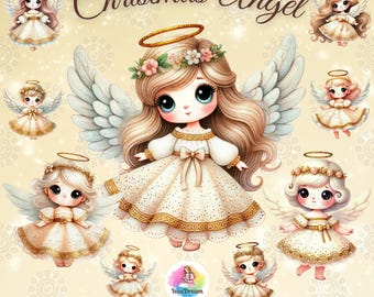 Whimsical Christmas Angel Watercolor Clipart, Cute Holiday Angel PNG, Golden Wings, Digital Download, Sublimation Design, Commercial Use