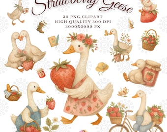 Strawberry Geese Watercolor Clipart Set - Cute Farm Animals Art, Digital Download, Sublimation Design, Commercial Use