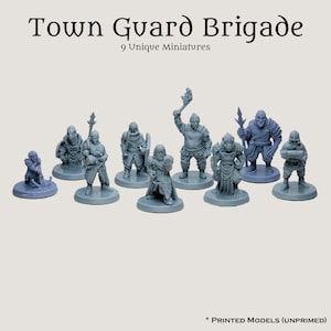 Puede incluir: Nueve figuras en miniatura de plástico gris de personajes de fantasía, incluyendo un guerrero, un caballero, un goblin y un enano. Las figuras están de pie sobre bases redondas y no están pintadas. El texto "Town Guard Brigade 9 Unique Miniatures" está en la parte superior de la imagen. El texto "* PRINTED MODELS (UNPRIMED)" está en la parte inferior de la imagen.