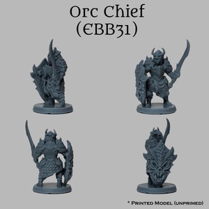 May include: A gray plastic miniature figurine of an Orc Chief, holding a sword and shield. The figure is standing on a round base. The figure is unpainted.