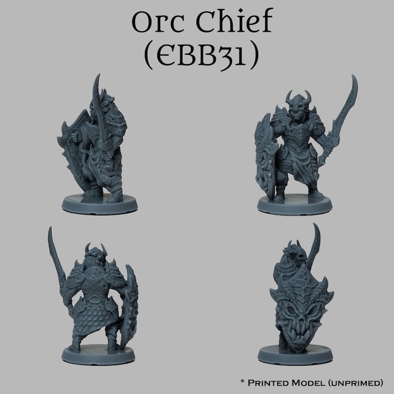 May include: A gray plastic miniature figurine of an Orc Chief, holding a sword and shield. The figure is standing on a round base. The figure is unpainted.