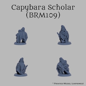May include: A gray 3D printed miniature of a capybara scholar holding a stack of books. The miniature is on a round base. The text "Capybara Scholar (BRM109)" is printed above the miniature. The text "* PRINTED MODEL (UNPRIMED)" is printed below the miniature.