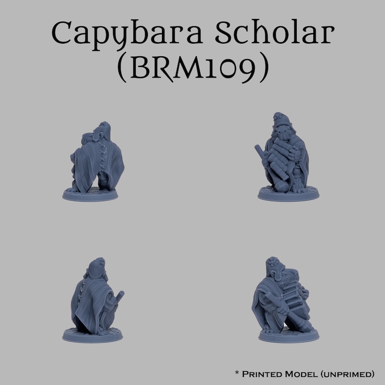 May include: A gray 3D printed miniature of a capybara scholar holding a stack of books. The miniature is on a round base. The text "Capybara Scholar (BRM109)" is printed above the miniature. The text "* PRINTED MODEL (UNPRIMED)" is printed below the miniature.