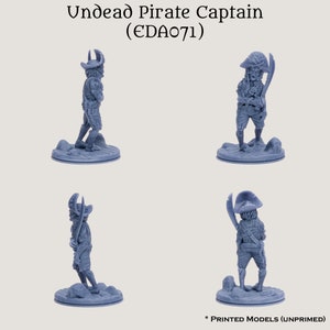 May include: A gray plastic miniature of an undead pirate captain holding a sword. The miniature is standing on a round base. The miniature is unpainted.