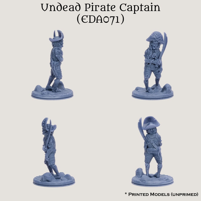 May include: A gray plastic miniature of an undead pirate captain holding a sword. The miniature is standing on a round base. The miniature is unpainted.