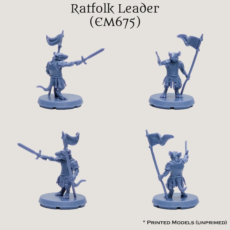 May include: A blue plastic miniature of a ratfolk leader holding a sword and a flag. The miniature is on a round base. The text "Ratfolk Leader (eM675)" is above the miniature.