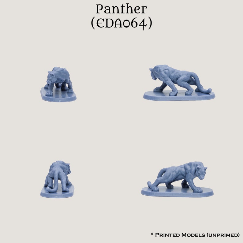 May include: Four unprimed, light blue panther models in various poses. The models are on small, oval bases. The text "Panther (CDA064)" is at the top, and "* PRINTED MODELS (UNPRIMED)" is at the bottom.