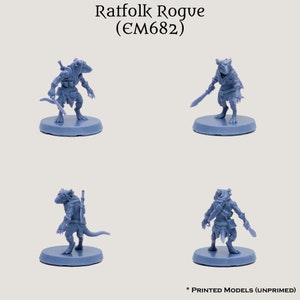 May include: Four different views of an unpainted, gray plastic miniature of a ratfolk rogue. The miniature is standing on a round base. The text "Ratfolk Rogue (EM682)" is at the top of the image.