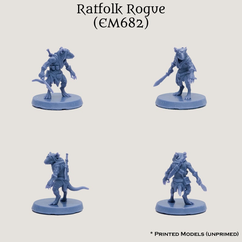 May include: Four different views of an unpainted, gray plastic miniature of a ratfolk rogue. The miniature is standing on a round base. The text "Ratfolk Rogue (EM682)" is at the top of the image.