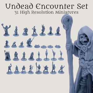 May include: A set of 31 high-resolution miniature figures, including skeletons, zombies, and a skeletal wizard with a staff. The miniatures are gray and are displayed on a white background. Undead Encounter Set 31 High Resolution Miniatures