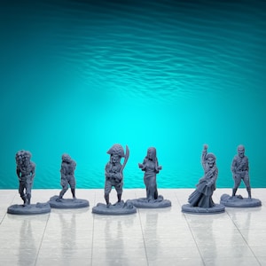 May include: Set of seven gray painted miniature figurines depicting various characters, including a pirate, a zombie, and a witch. The figurines are posed on circular bases and are ready for tabletop gaming.