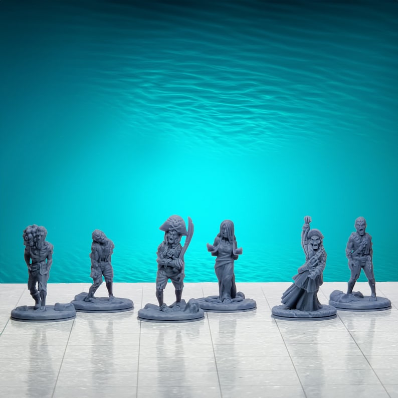 May include: Set of seven gray painted miniature figurines depicting various characters, including a pirate, a zombie, and a witch. The figurines are posed on circular bases and are ready for tabletop gaming.