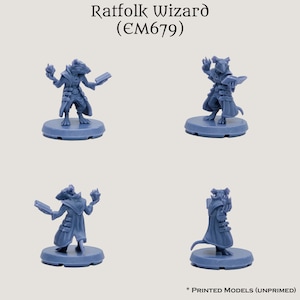 May include: A blue plastic miniature figure of a ratfolk wizard holding a book and a glowing orb. The figure is standing on a round base. The text "Ratfolk Wizard (EM679)" is printed above the figure. The text "* PRINTED MODELS (UNPRIMED)" is printed below the figure.