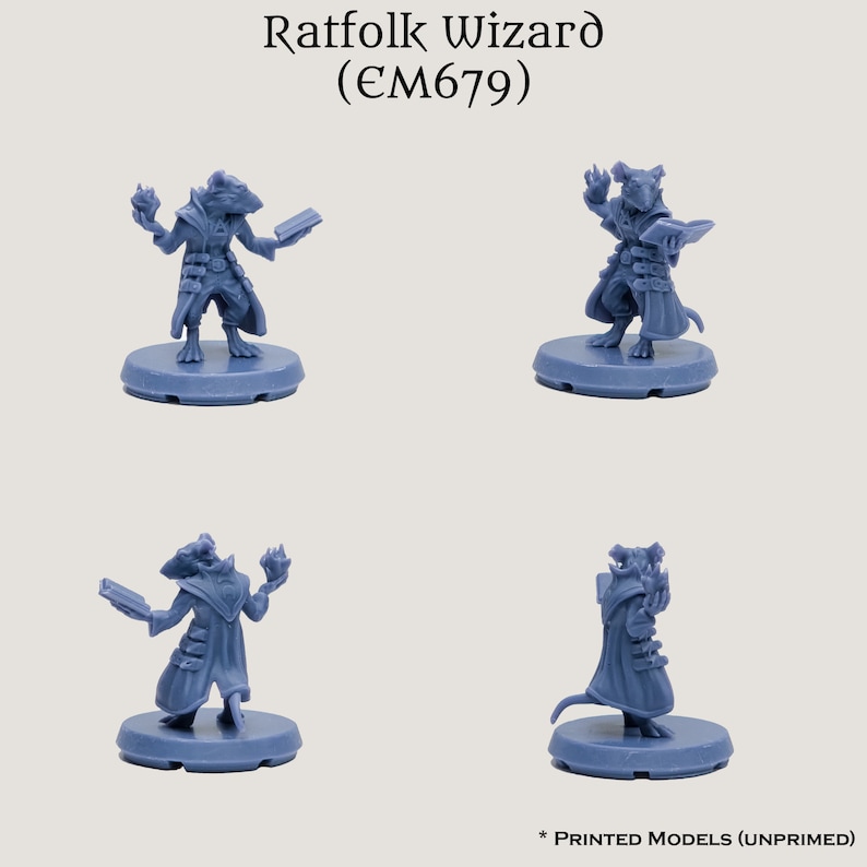 May include: A blue plastic miniature figure of a ratfolk wizard holding a book and a glowing orb. The figure is standing on a round base. The text "Ratfolk Wizard (EM679)" is printed above the figure. The text "* PRINTED MODELS (UNPRIMED)" is printed below the figure.