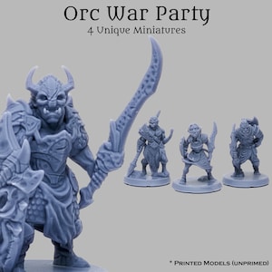 May include: A set of four unpainted, gray plastic Orc miniatures for tabletop gaming. The miniatures are posed in various fighting stances, holding swords and shields.