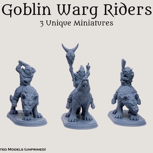 May include: Three gray plastic miniatures of goblin warg riders. Each goblin is riding a warg, a wolf-like creature. The goblins are holding weapons and are in various poses. The miniatures are unpainted and are ready to be assembled.