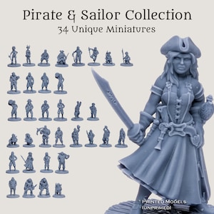 May include: A collection of 34 unique, unpainted miniature figures of pirates and sailors. The figures are made of gray plastic and are posed in various actions. The text "Pirate & Sailor Collection 34 Unique Miniatures" is at the top of the image.