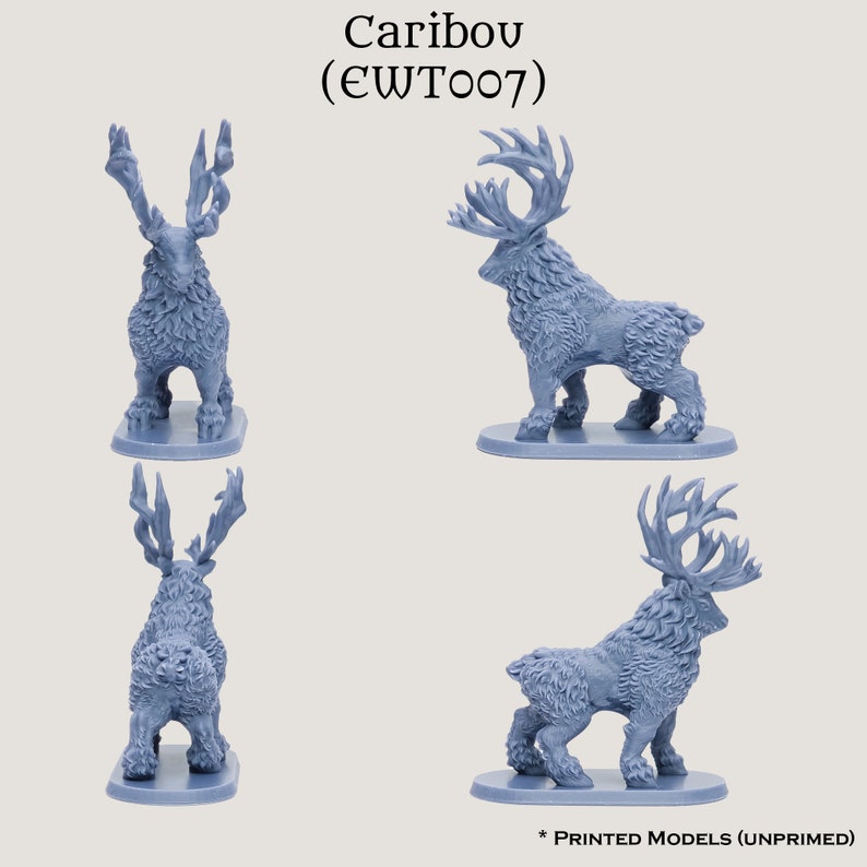 May include: Four light blue caribou models are displayed, each on a rectangular base. The caribou have detailed fur and large antlers. The text "Caribou (EWT007)" is at the top, and "* PRINTED MODELS (UNPRIMED)" is at the bottom.