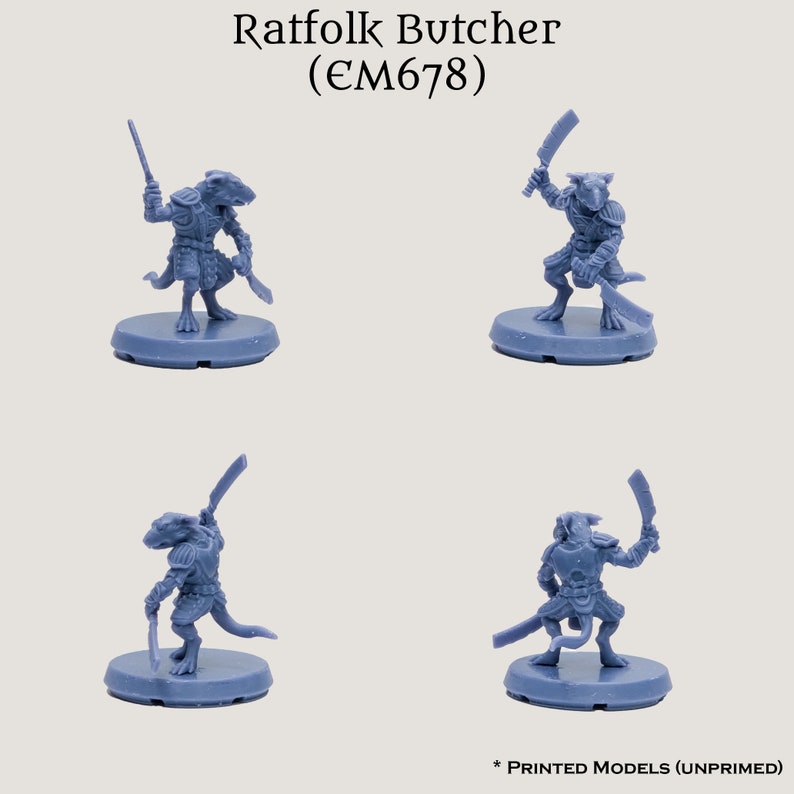 May include: A blue plastic miniature figure of a ratfolk butcher holding two knives. The figure is standing on a round base. The text "Ratfolk Butcher (EM678)" is above the figure. The text "* PRINTED MODELS (UNPRIMED)" is below the figure.