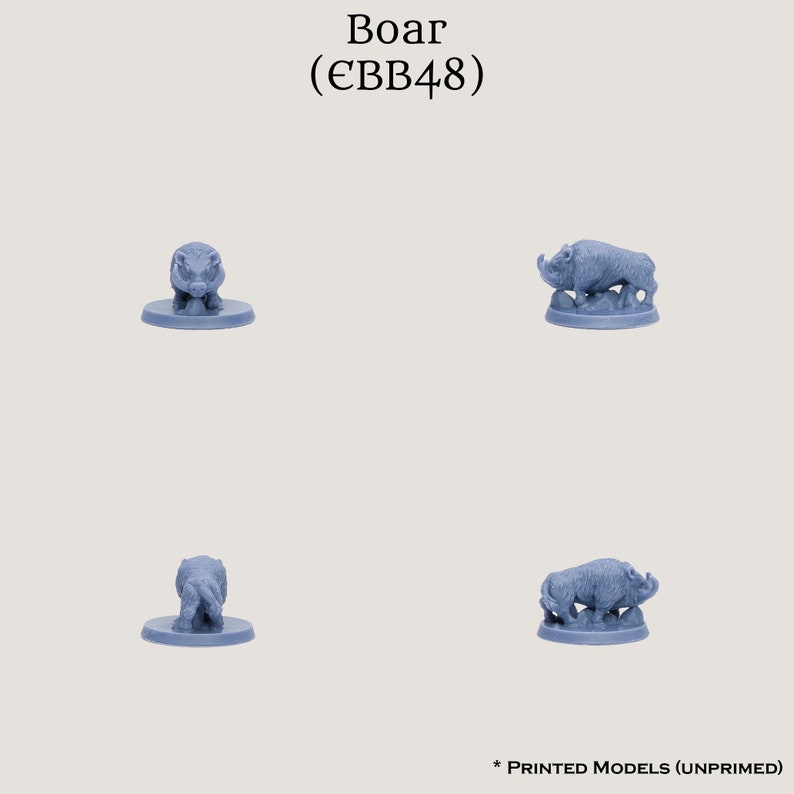 May include: Four light blue boar figurines in different poses. The figurines are on a circular base. The text "Boar (&euro;BB48)" is at the top of the image. The text "* PRINTED MODELS (UNPRIMED)" is at the bottom.