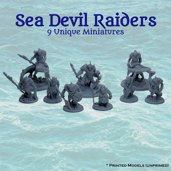 D&D Pathfinder Sahuagin Fishfolk Sea Devil Raiders 28 mm 32 mm Fantasy-Miniatur-Set – 9 einzigartige 8k-Harz-Minis