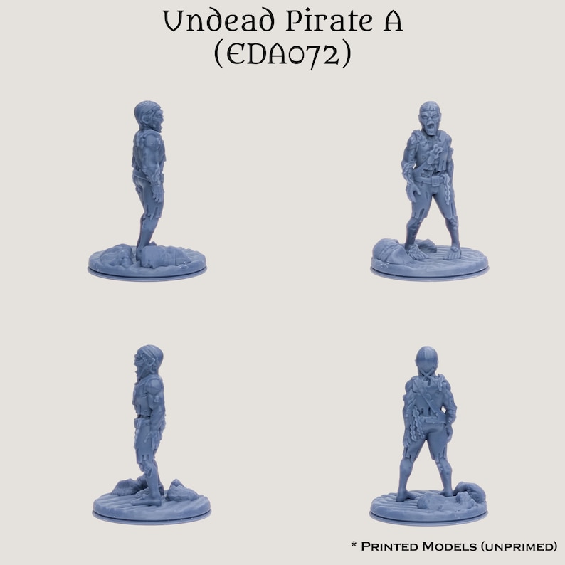 May include: A gray plastic miniature figure of an undead pirate with a tattered shirt and pants. The figure is standing on a round base. The figure is posed in a walking position with one arm raised and the other arm at its side. The figure is facing forward. The figure is part of a set of miniatures called "Undead Pirate A (EDAO72)".