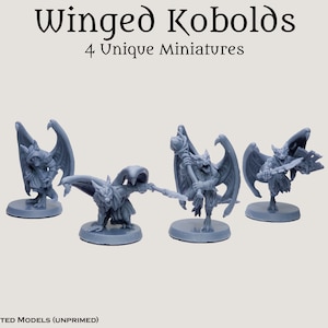 May include: Four gray, unpainted, plastic miniatures of winged kobolds. Each kobold is holding a different weapon. The miniatures are on a white background.  "Winged Kobolds" and "4 Unique Miniatures" are written above the miniatures.