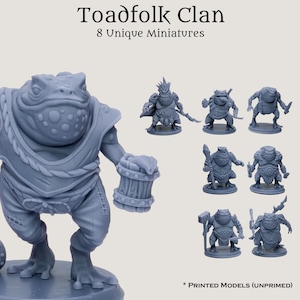 May include: Eight unique, unpainted miniature figurines of toad folk, each with a different pose and expression. The figurines are made of a light gray plastic and are approximately 2 inches tall. The text "Toadfolk Clan" and "8 Unique Miniatures" is printed at the top of the image.