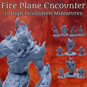 May include: A set of 11 grey plastic miniatures depicting a fire plane encounter. The miniatures are set against a fiery orange background. The miniatures include a large, fiery demon-like figure, a smaller demon-like figure, and several other figures with wings and swords.