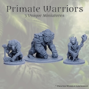 D&D Primate Ape Warriors | Pathfinder Frostgrave 28mm 32mm Fantasy Miniature Set | 3 Unique 8k Resin Minis