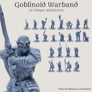 May include: A set of 23 unpainted, gray plastic miniature goblinoid figures. The figures are posed in various fighting stances and are ready to be painted.