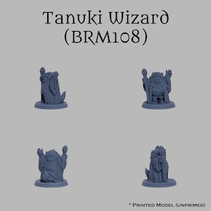 May include: A gray, 3D printed miniature of a tanuki wizard, standing with a staff in one hand and a raised hand in the other. The miniature is wearing a robe and has a beard and mustache. The miniature is on a round base.