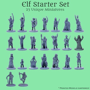 Könnte beinhalten: Ein Set mit 23 unbemalten Miniatur-Elfenfiguren. Die Figuren sind in verschiedenen Posen und umfassen Bogenschützen, Krieger und Magier.  Elf Starter Set 23 Unique Miniatures * PRINTED MODELS (UNPRIMED)