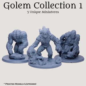 Könnte beinhalten: Drei graue, 3D-gedruckte Miniatur-Golems, jeder mit einem einzigartigen Design. Die Golems stehen auf runden Sockeln. Der Text "Golem Collection 1" und "3 Unique Miniatures" ist oben im Bild sichtbar. Der Text "* GEDRUCKTE MODELLE (UNBEGRUNDET)" ist unten im Bild sichtbar.