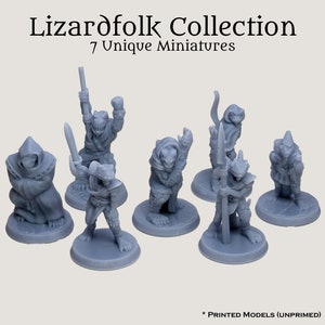 May include: Set of seven unpainted grey plastic miniature figurines of lizardfolk characters. The figures are posed in various stances and are ready to be painted.