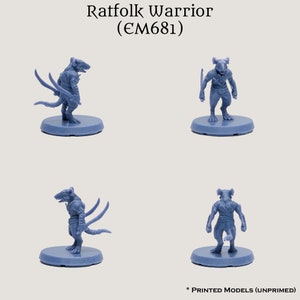 May include: Four gray plastic miniature figures of ratfolk warriors, each standing on a round base. The figures are in different poses, including standing, walking, and attacking. The figures are unpainted and are labeled "Ratfolk Warrior (EM681)".