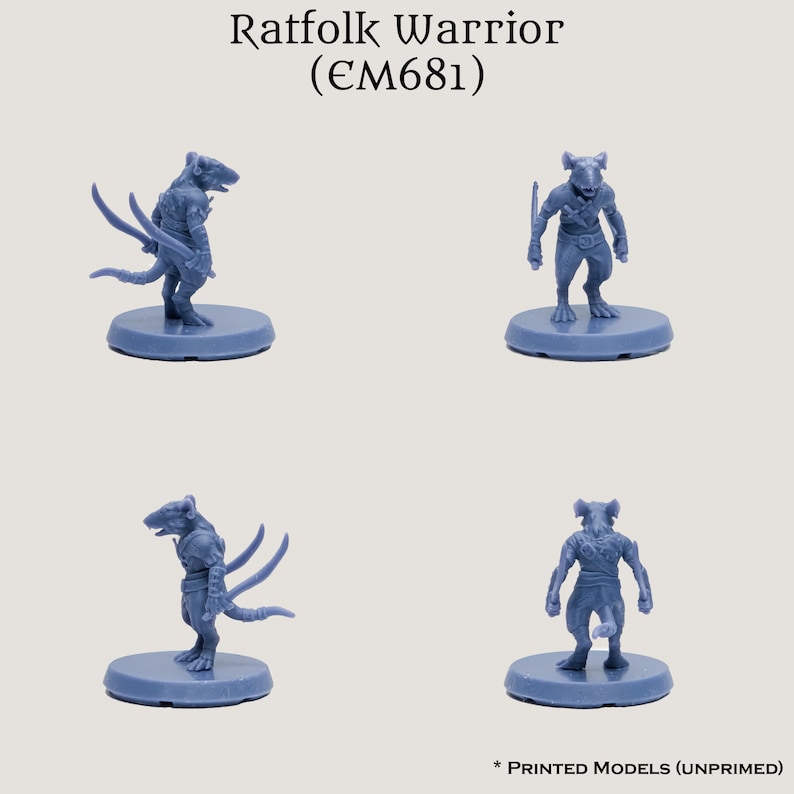 May include: Four gray plastic miniature figures of ratfolk warriors, each standing on a round base. The figures are in different poses, including standing, walking, and attacking. The figures are unpainted and are labeled "Ratfolk Warrior (EM681)".