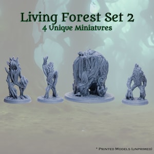 May include: Set of four unpainted grey plastic miniatures depicting tree-like creatures. The set is called "Living Forest Set 2" and includes four unique miniatures.