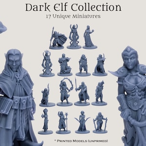 Puede incluir: Una colección de 17 figuras en miniatura sin pintar de elfos oscuros. Las figuras están en varias poses y están hechas de un material plástico gris. Las figuras están dispuestas en un círculo alrededor de una figura más grande de un guerrero elfo oscuro. El texto "Dark Elf Collection 17 Unique Miniatures" está impreso en la parte superior de la imagen.