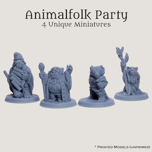May include: Four grey 3D printed unpainted miniatures of animal folk characters. The characters are a badger, a rabbit, a bear, and a wolf. The miniatures are on a grey background. Animalfolk Party 4 Unique Miniatures.