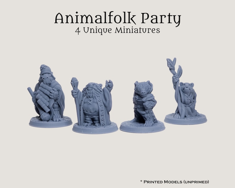 May include: Four grey 3D printed unpainted miniatures of animal folk characters. The characters are a badger, a rabbit, a bear, and a wolf. The miniatures are on a grey background. Animalfolk Party 4 Unique Miniatures.