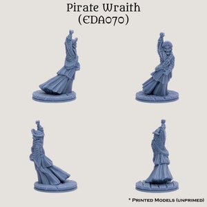 May include: A blue plastic miniature figure of a pirate wraith, posed in four different views. The figure is wearing a long, flowing robe and has a skull-like face. The figure is standing on a round base.
