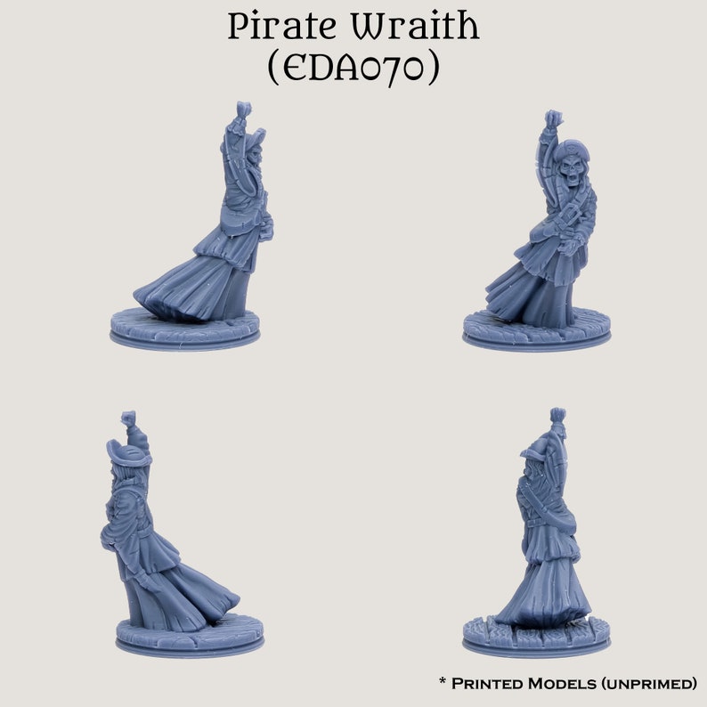 May include: A blue plastic miniature figure of a pirate wraith, posed in four different views. The figure is wearing a long, flowing robe and has a skull-like face. The figure is standing on a round base.